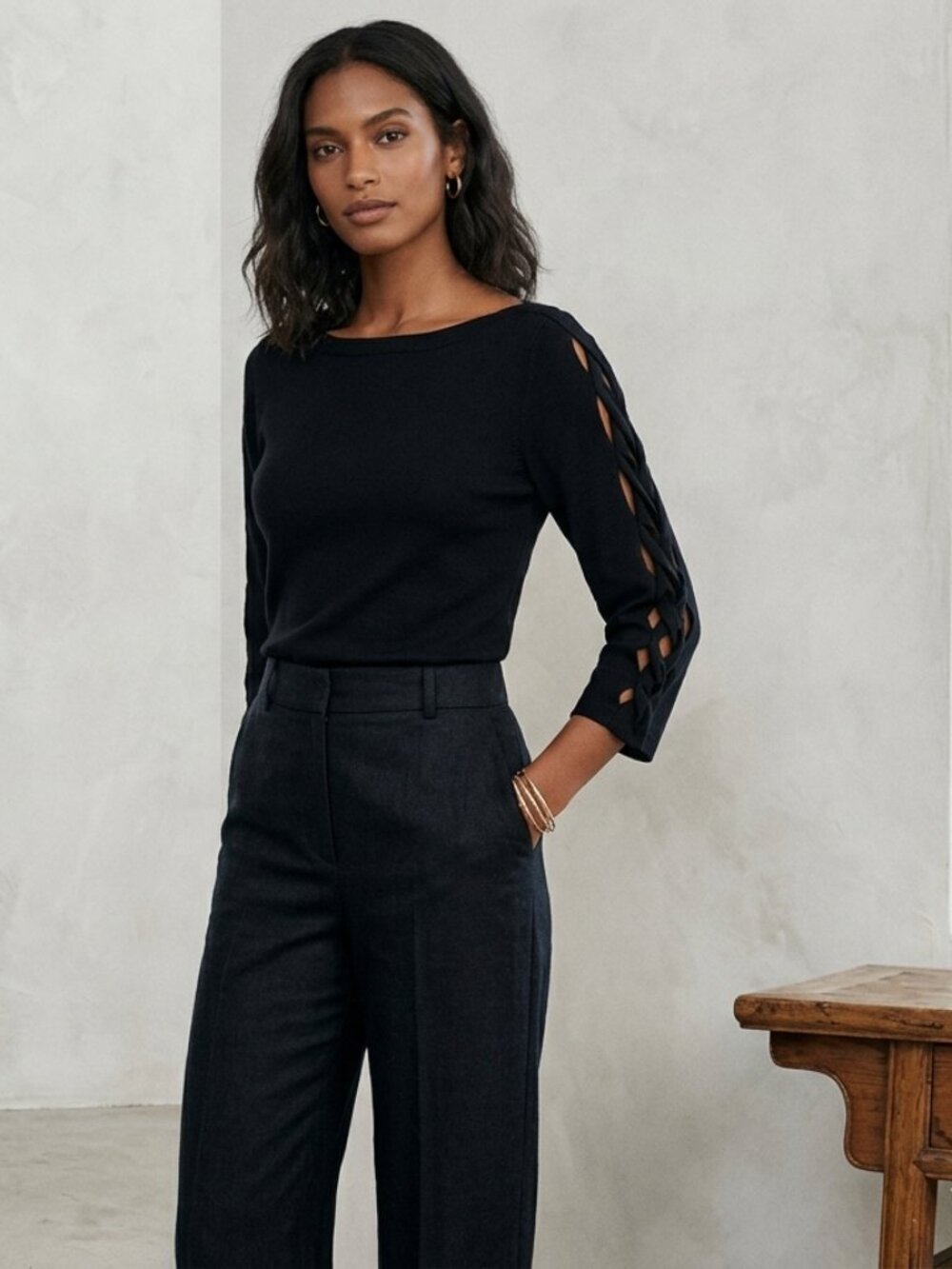 COLOUR WORKS Ribbed Woven Sleeve Top